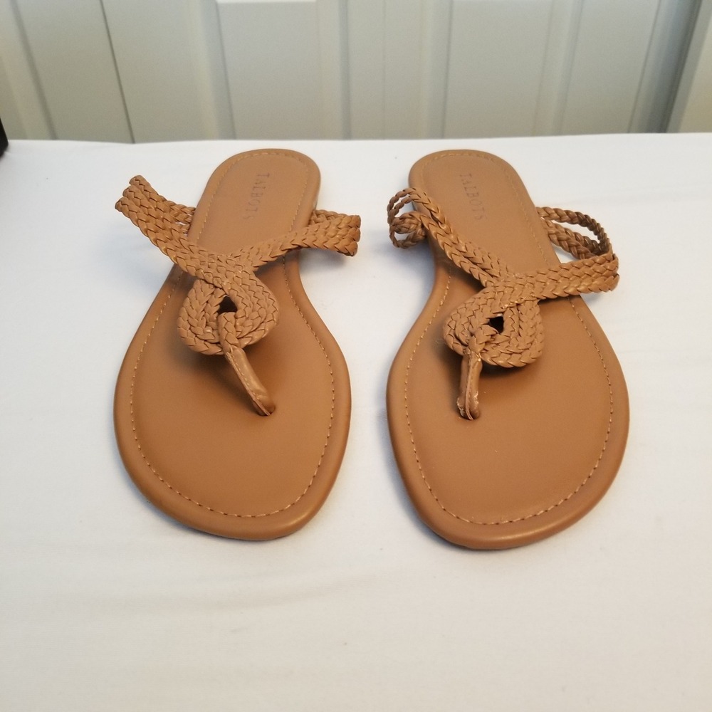 Talbots Womens Braided Thong Sandals Tan Cognac Flat Strappy Knot Slides 9M